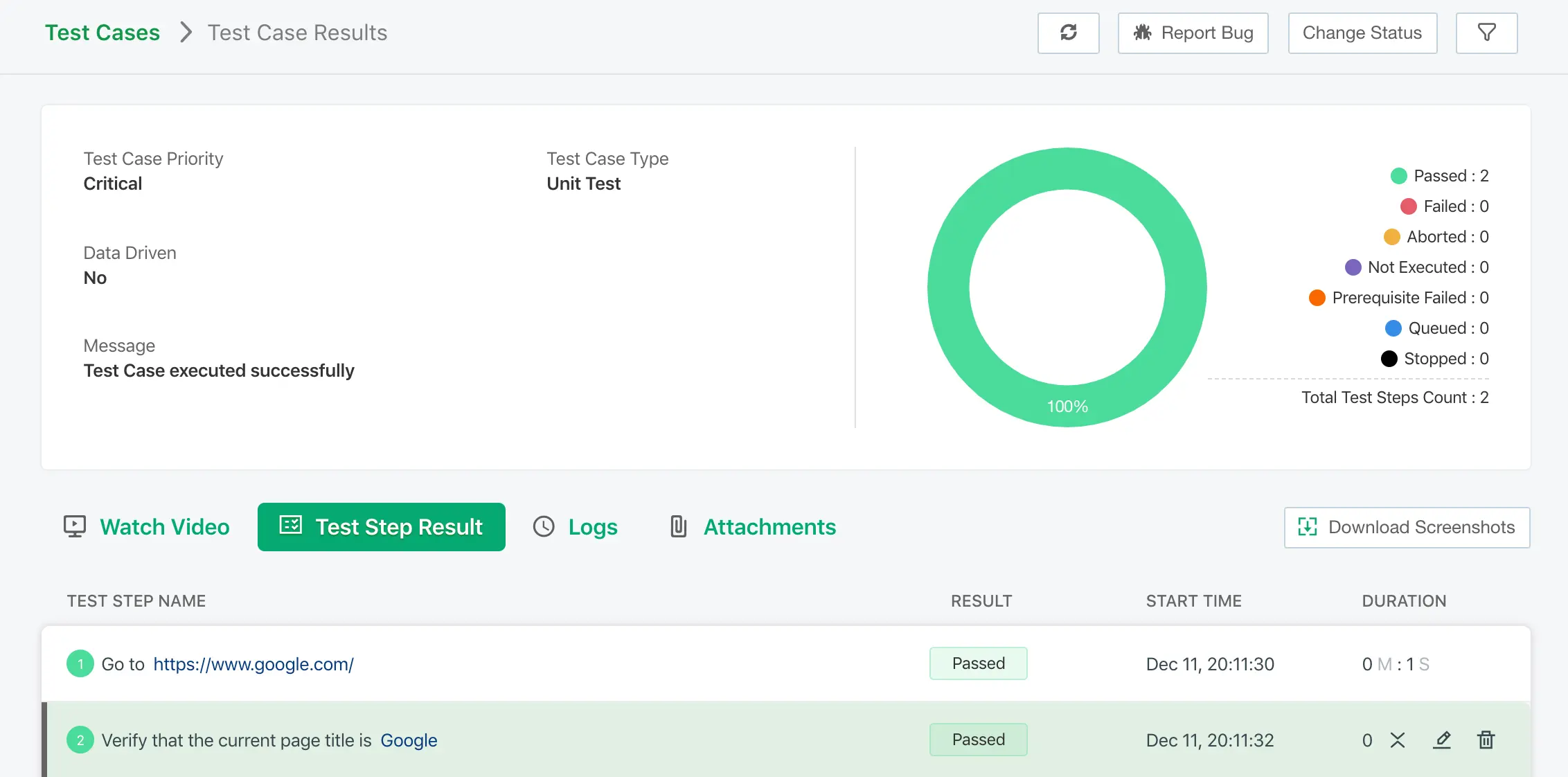 test case results in test sigma